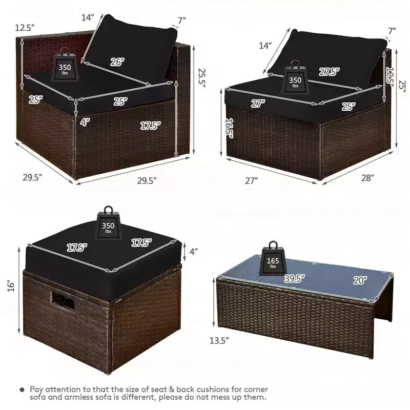 Costway Juego de Muebles de Ratán para Patio de 8 Piezas con Cojines, Almacenamiento que Ahorra Espacio, Cubierta Negra/Turquesa/Azul Marino