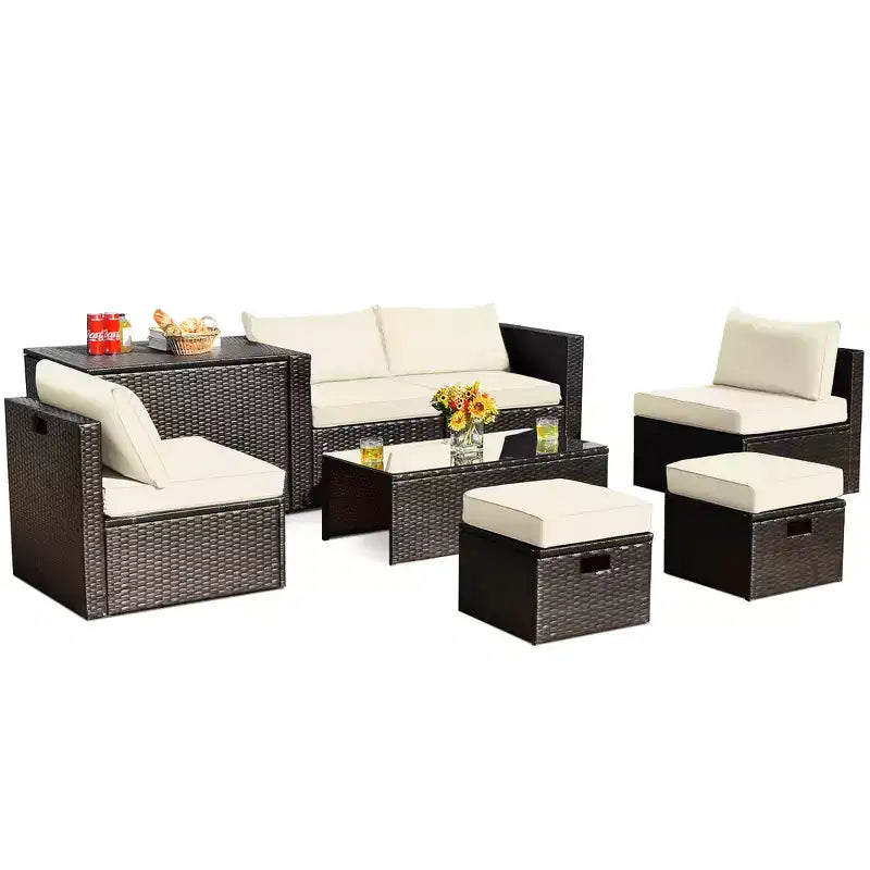 Costway Juego de Muebles de Ratán para Patio de 8 Piezas con Cojines, Almacenamiento que Ahorra Espacio, Cubierta Negra/Turquesa/Azul Marino