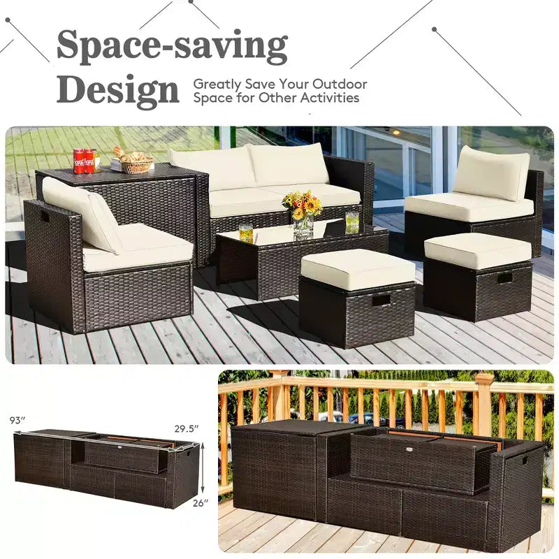 Costway Juego de Muebles de Ratán para Patio de 8 Piezas con Cojines, Almacenamiento que Ahorra Espacio, Cubierta Negra/Turquesa/Azul Marino