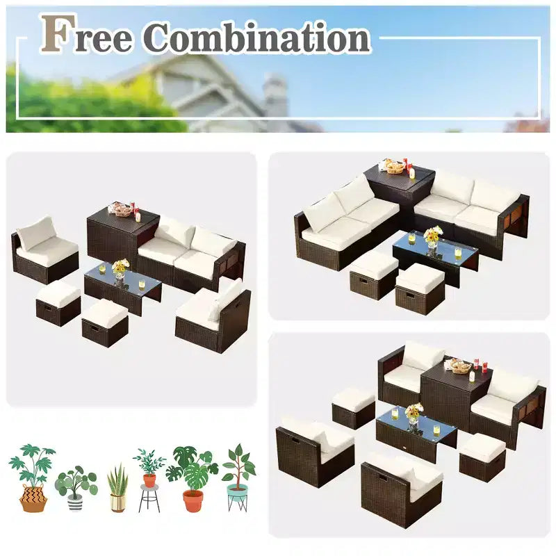 Costway Juego de Muebles de Ratán para Patio de 8 Piezas con Cojines, Almacenamiento que Ahorra Espacio, Cubierta Negra/Turquesa/Azul Marino