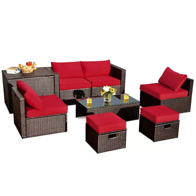 Costway Juego de Muebles de Ratán para Patio de 8 Piezas con Cojines, Almacenamiento que Ahorra Espacio, Cubierta Negra/Turquesa/Azul Marino