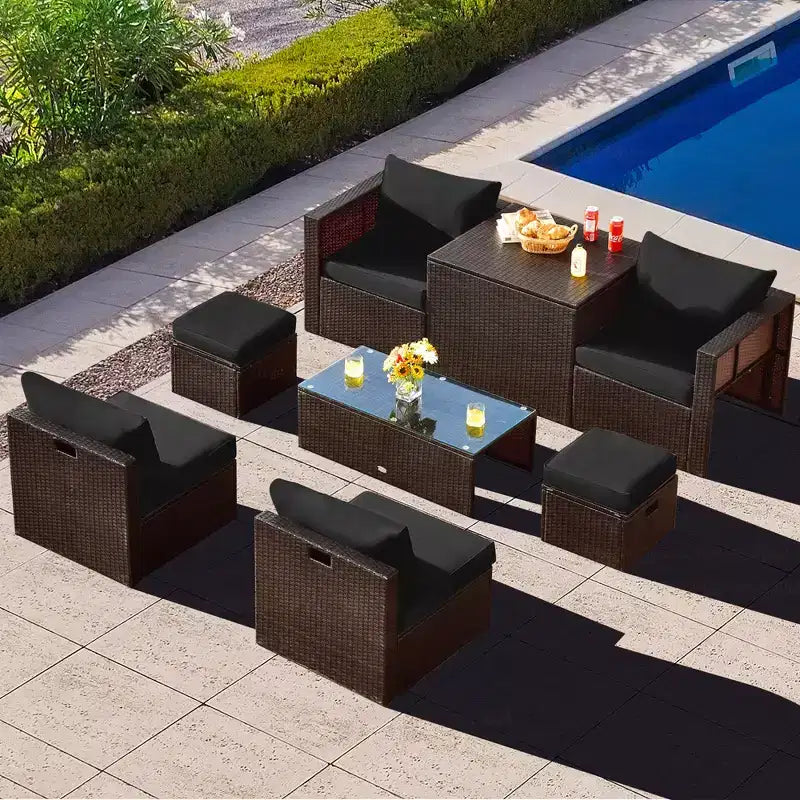Costway Juego de Muebles de Ratán para Patio de 8 Piezas con Cojines, Almacenamiento que Ahorra Espacio, Cubierta Negra/Turquesa/Azul Marino