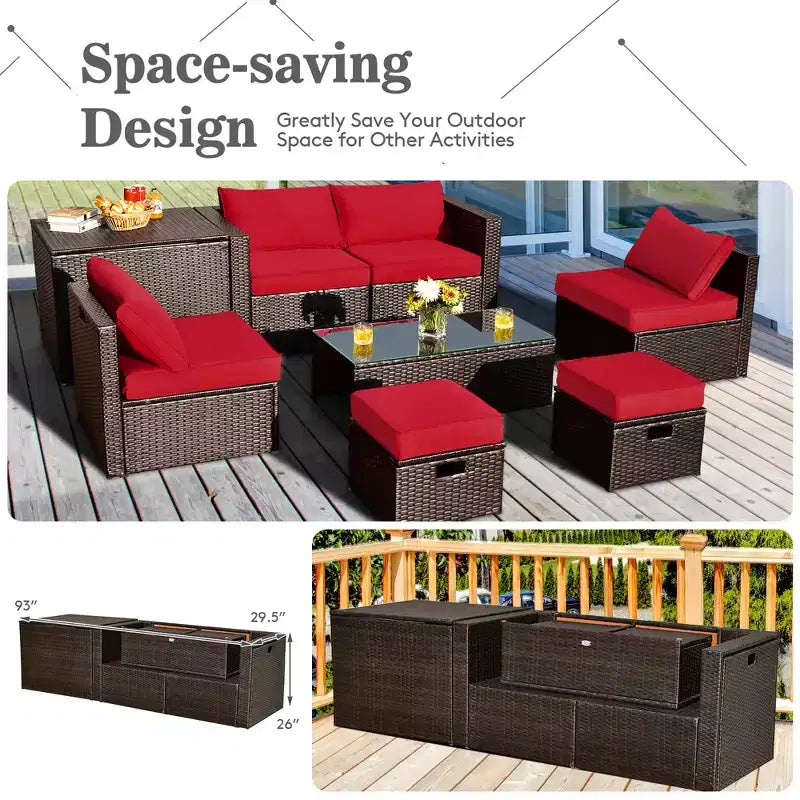 Costway Juego de Muebles de Ratán para Patio de 8 Piezas con Cojines, Almacenamiento que Ahorra Espacio, Cubierta Negra/Turquesa/Azul Marino