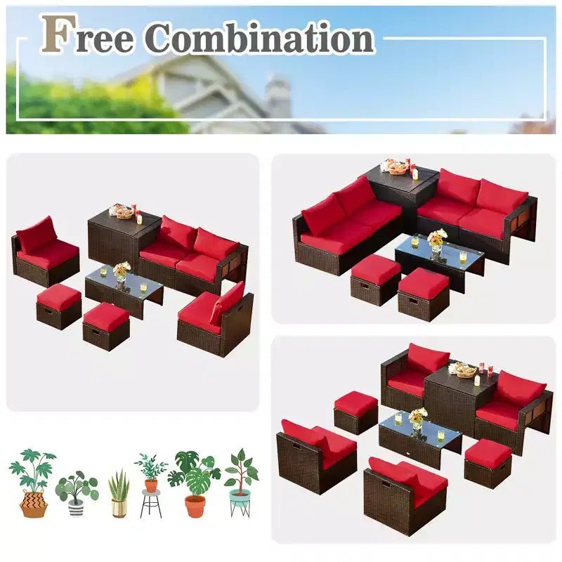 Costway Juego de Muebles de Ratán para Patio de 8 Piezas con Cojines, Almacenamiento que Ahorra Espacio, Cubierta Negra/Turquesa/Azul Marino