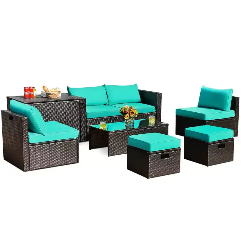 Costway Juego de Muebles de Ratán para Patio de 8 Piezas con Cojines, Almacenamiento que Ahorra Espacio, Cubierta Negra/Turquesa/Azul Marino