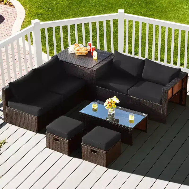 Costway Juego de Muebles de Ratán para Patio de 8 Piezas con Cojines, Almacenamiento que Ahorra Espacio, Cubierta Negra/Turquesa/Azul Marino