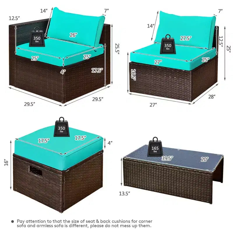 Costway Juego de Muebles de Ratán para Patio de 8 Piezas con Cojines, Almacenamiento que Ahorra Espacio, Cubierta Negra/Turquesa/Azul Marino