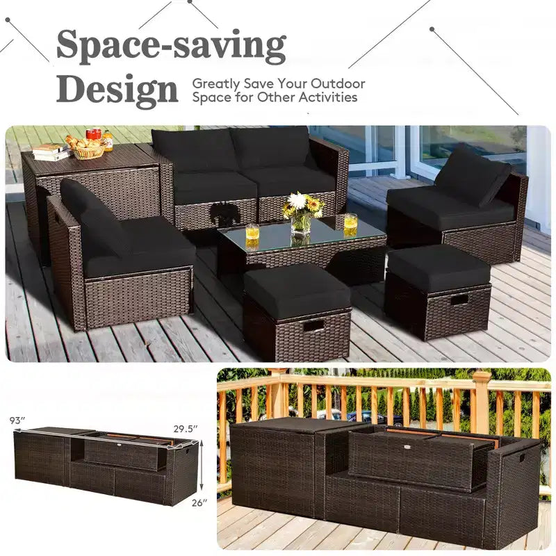 Costway Juego de Muebles de Ratán para Patio de 8 Piezas con Cojines, Almacenamiento que Ahorra Espacio, Cubierta Negra/Turquesa/Azul Marino