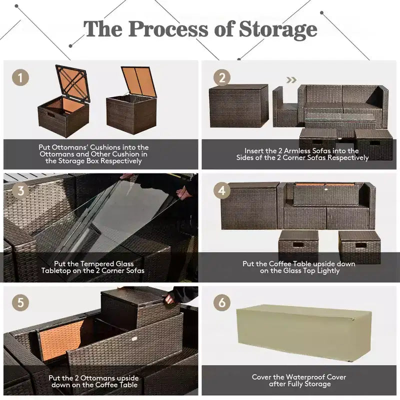 Costway Juego de Muebles de Ratán para Patio de 8 Piezas con Cojines, Almacenamiento que Ahorra Espacio, Cubierta Negra/Turquesa/Azul Marino