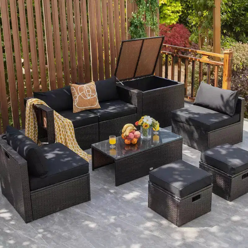 Costway 8PCS Patio Rattan Furniture Set Space-Saving Storage Cushion Black\Turquoise\Navy cover