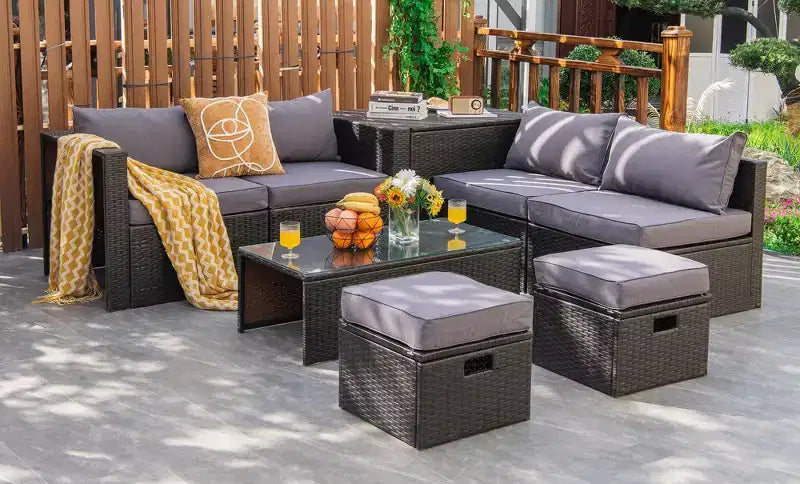 Costway Juego de Muebles de Ratán para Patio de 8 Piezas con Cojines, Almacenamiento que Ahorra Espacio, Cubierta Negra/Turquesa/Azul Marino