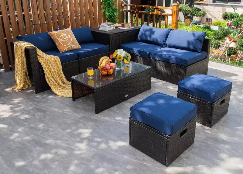 Costway Juego de Muebles de Ratán para Patio de 8 Piezas con Cojines, Almacenamiento que Ahorra Espacio, Cubierta Negra/Turquesa/Azul Marino