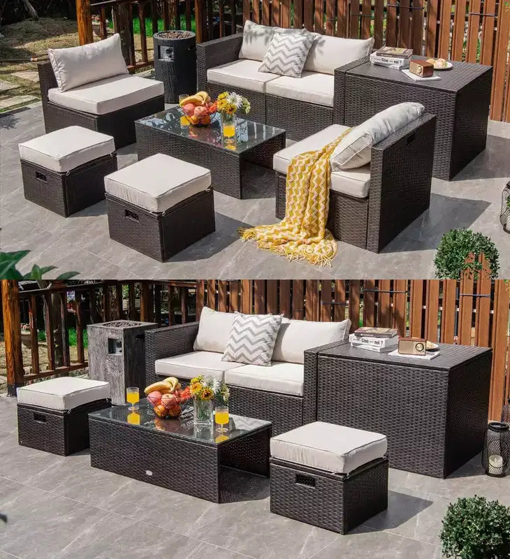 Costway Juego de Muebles de Ratán para Patio de 8 Piezas con Cojines, Almacenamiento que Ahorra Espacio, Cubierta Negra/Turquesa/Azul Marino