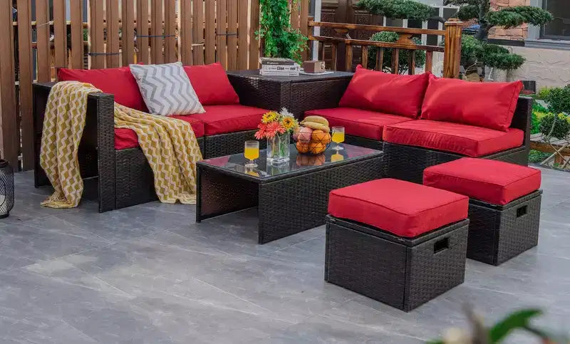 Costway Juego de Muebles de Ratán para Patio de 8 Piezas con Cojines, Almacenamiento que Ahorra Espacio, Cubierta Negra/Turquesa/Azul Marino