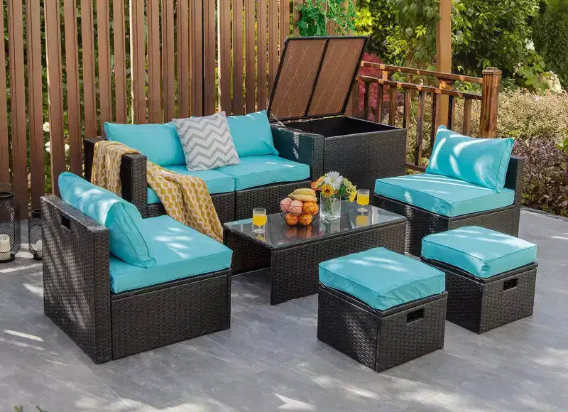 Costway Juego de Muebles de Ratán para Patio de 8 Piezas con Cojines, Almacenamiento que Ahorra Espacio, Cubierta Negra/Turquesa/Azul Marino