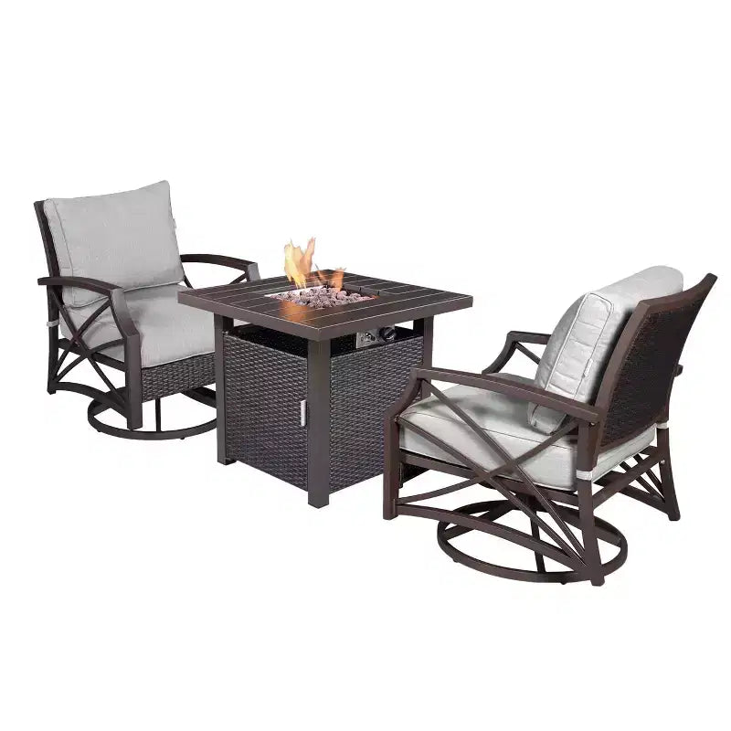 Kinger Home Lark 3-Piece Rattan Wicker Propane Fire Pit Set with an Aluminum Frame
