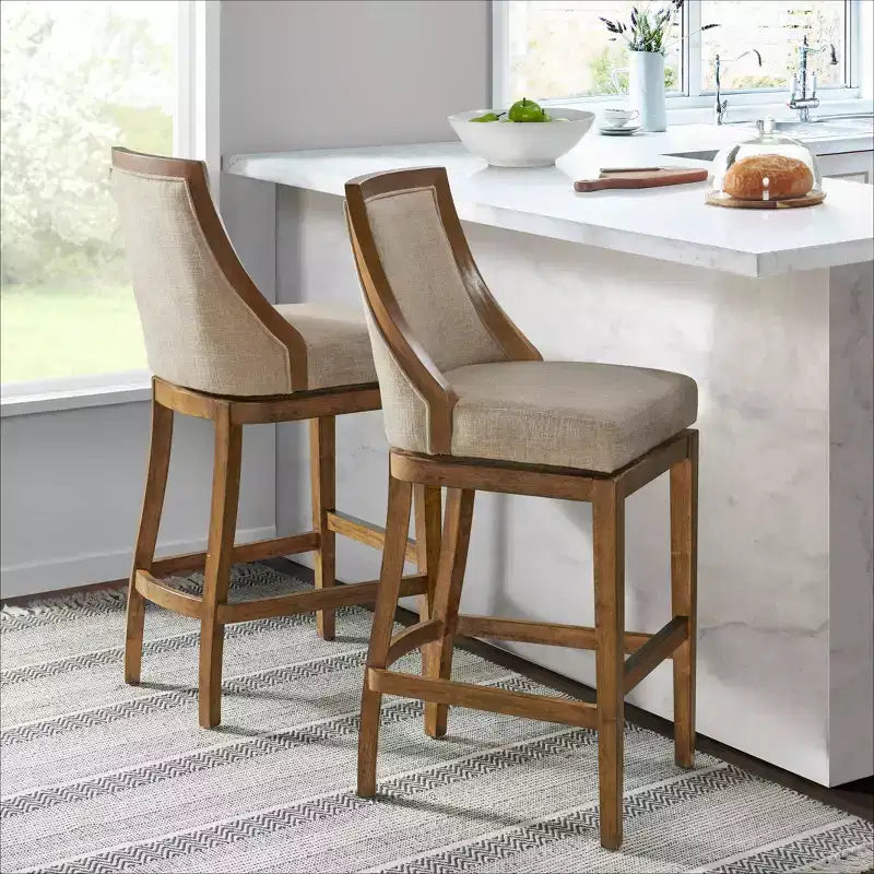 Juego de 2 taburetes de altura de barra con respaldo, estructura de madera de caucho, asiento tapizado, altura de asiento de 31"