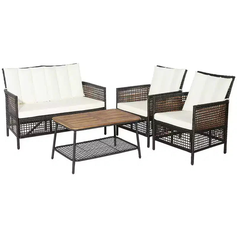 Juego de muebles de ratán para patio Costway de 8 piezas con sillas acolchadas y mesa de madera con estante