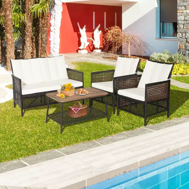 Juego de muebles de ratán para patio Costway de 8 piezas con sillas acolchadas y mesa de madera con estante