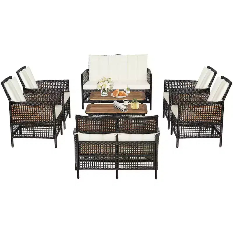Juego de muebles de ratán para patio Costway de 8 piezas con sillas acolchadas y mesa de madera con estante
