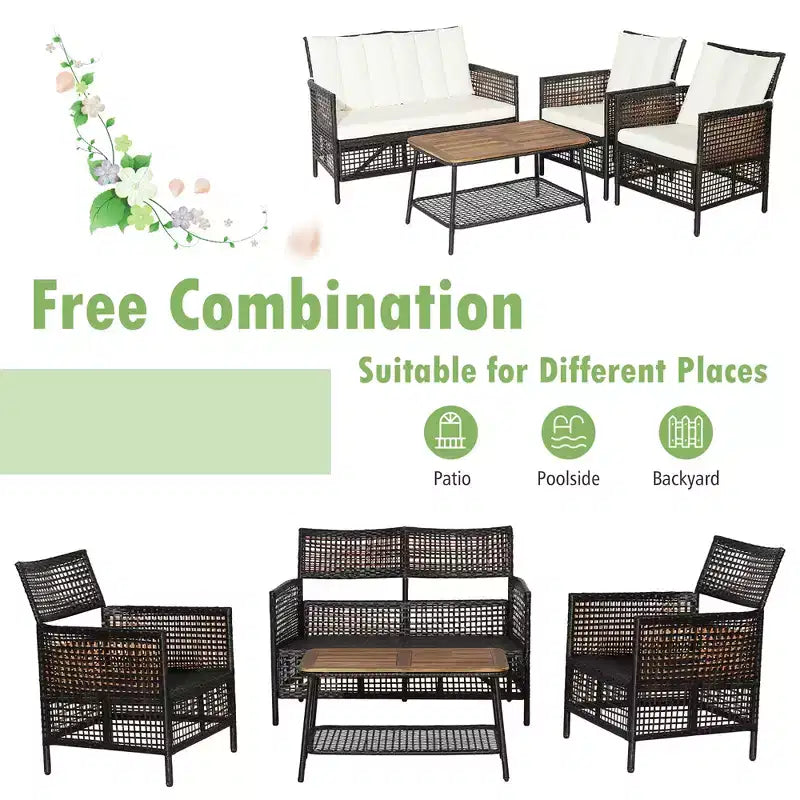 Juego de muebles de ratán para patio Costway de 8 piezas con sillas acolchadas y mesa de madera con estante