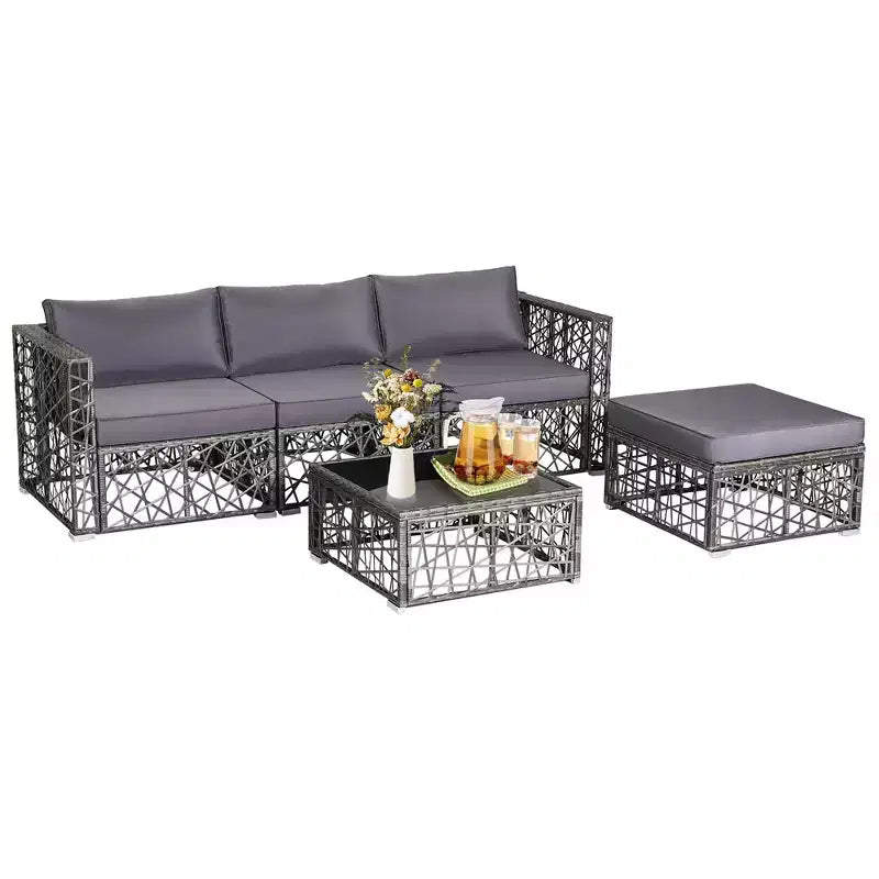 Costway Juego de Muebles de Sofá de Ratán PE de 5 Piezas para Patio, con Cojines, Gris para Exterior