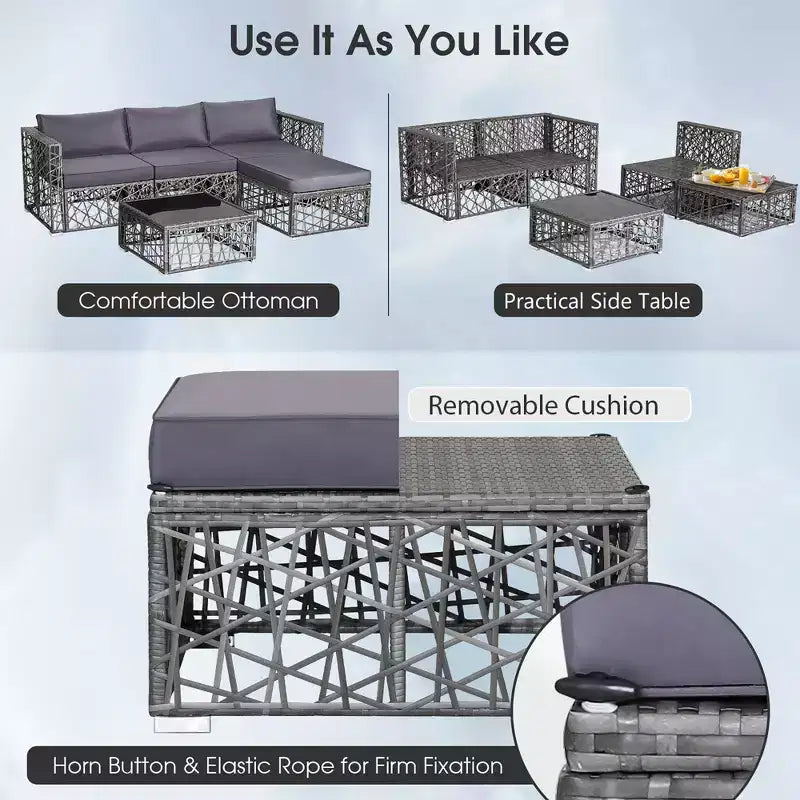 Costway Juego de Muebles de Sofá de Ratán PE de 5 Piezas para Patio, con Cojines, Gris para Exterior