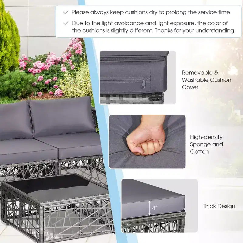 Costway Juego de Muebles de Sofá de Ratán PE de 5 Piezas para Patio, con Cojines, Gris para Exterior