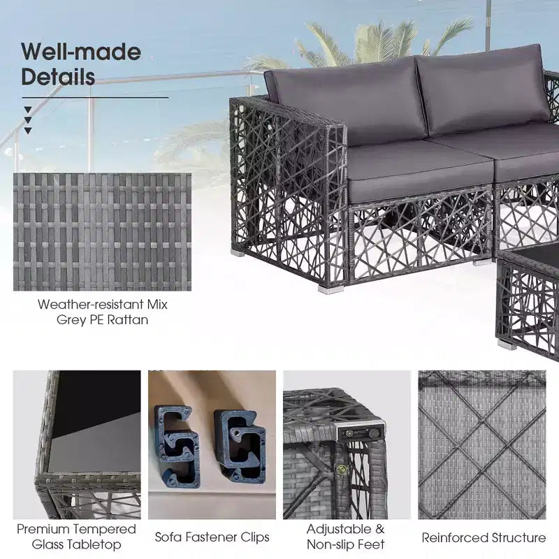 Costway Juego de Muebles de Sofá de Ratán PE de 5 Piezas para Patio, con Cojines, Gris para Exterior