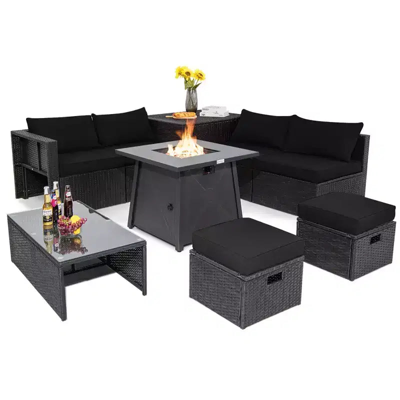 Costway 9PCS Patio Rattan Furniture Set Fire Pit Space-saving W/ Cushion cover