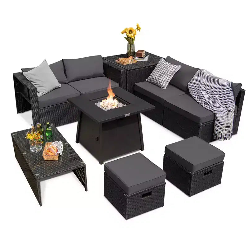 Costway 9PCS Patio Rattan Furniture Set Fire Pit Space-saving W/ Cushion cover