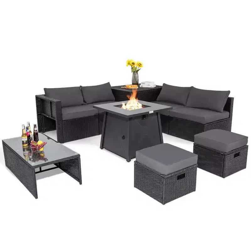 Costway 9PCS Patio Rattan Furniture Set Fire Pit Space-saving W/ Cushion cover