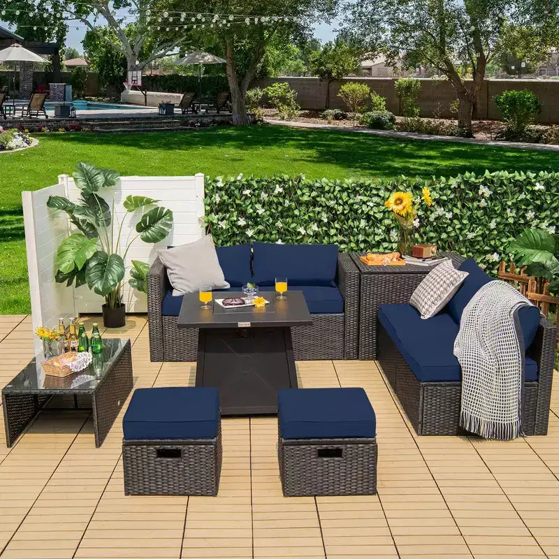 Costway 9PCS Patio Rattan Furniture Set Fire Pit Space-saving W/ Cushion cover