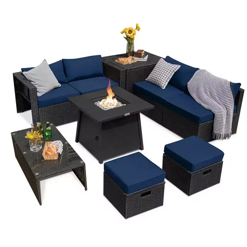 Costway 9PCS Patio Rattan Furniture Set Fire Pit Space-saving W/ Cushion cover