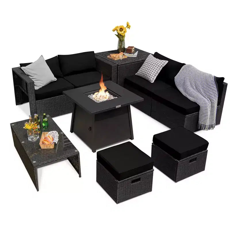 Costway 9PCS Patio Rattan Furniture Set Fire Pit Space-saving W/ Cushion cover