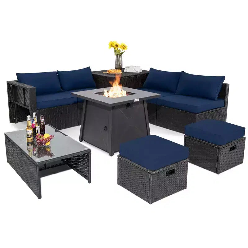 Costway 9PCS Patio Rattan Furniture Set Fire Pit Space-saving W/ Cushion cover