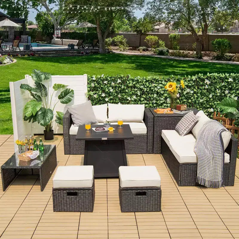 Costway 9PCS Patio Rattan Furniture Set Fire Pit Space-saving W/ Cushion cover