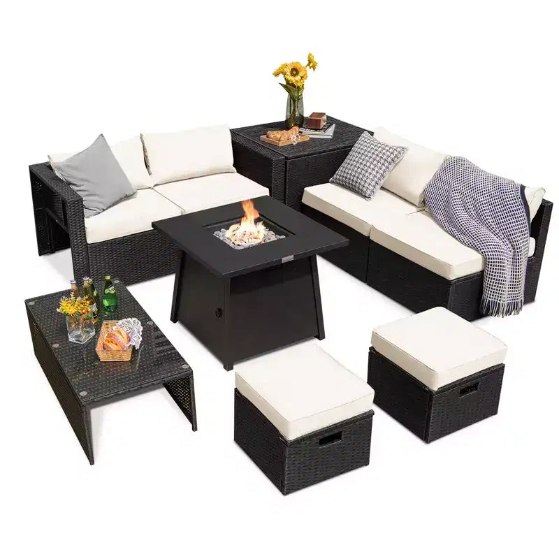 Costway 9PCS Patio Rattan Furniture Set Fire Pit Space-saving W/ Cushion cover