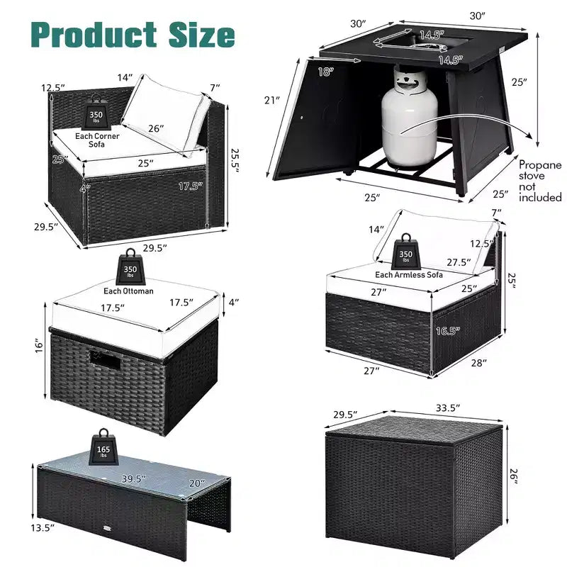 Costway 9PCS Patio Rattan Furniture Set Fire Pit Space-saving W/ Cushion cover