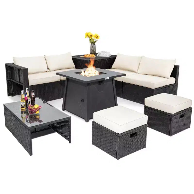 Costway 9PCS Patio Rattan Furniture Set Fire Pit Space-saving W/ Cushion cover