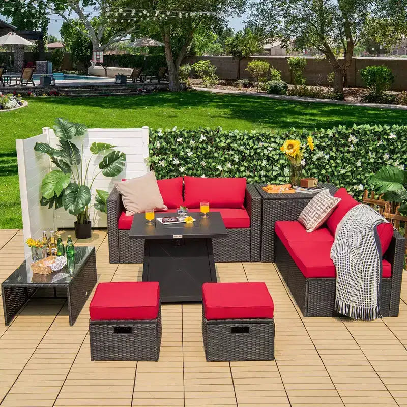Costway 9PCS Patio Rattan Furniture Set Fire Pit Space-saving W/ Cushion cover
