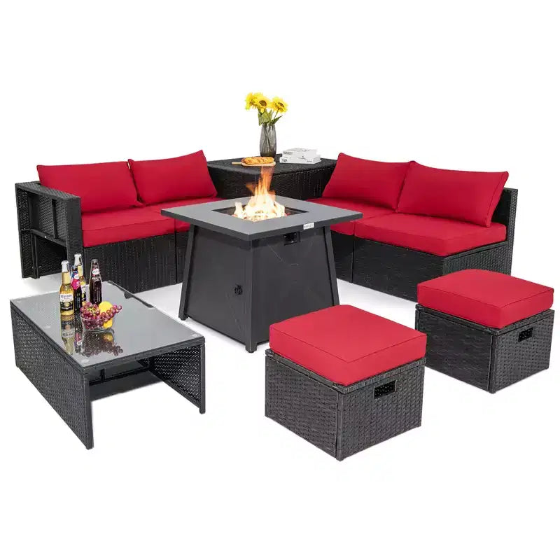Costway 9PCS Patio Rattan Furniture Set Fire Pit Space-saving W/ Cushion cover