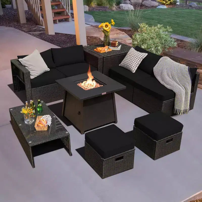 Costway 9PCS Patio Rattan Furniture Set Fire Pit Space-saving W/ Cushion cover