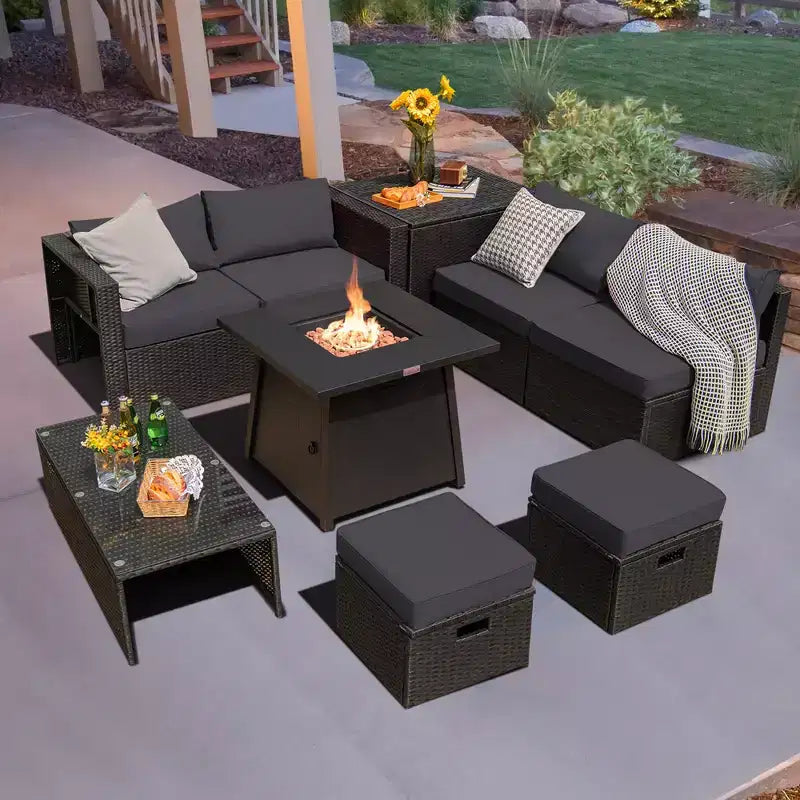 Juego de muebles de ratán para patio Costway de 9 piezas con fogata que ahorra espacio y funda para cojín