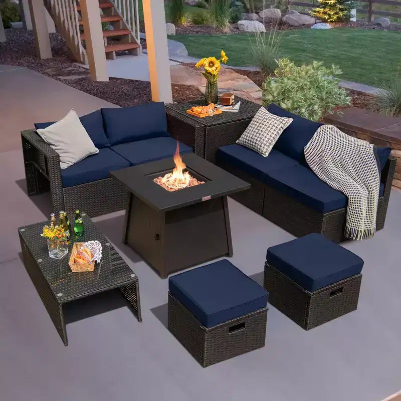 Juego de muebles de ratán para patio Costway de 9 piezas con fogata que ahorra espacio y funda para cojín