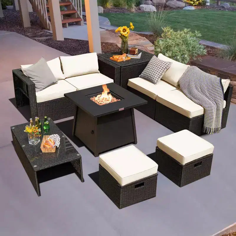 Juego de muebles de ratán para patio Costway de 9 piezas con fogata que ahorra espacio y funda para cojín