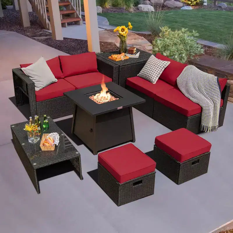 Juego de muebles de ratán para patio Costway de 9 piezas con fogata que ahorra espacio y funda para cojín