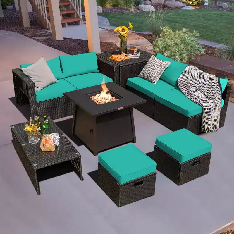 Juego de muebles de ratán para patio Costway de 9 piezas con fogata que ahorra espacio y funda para cojín