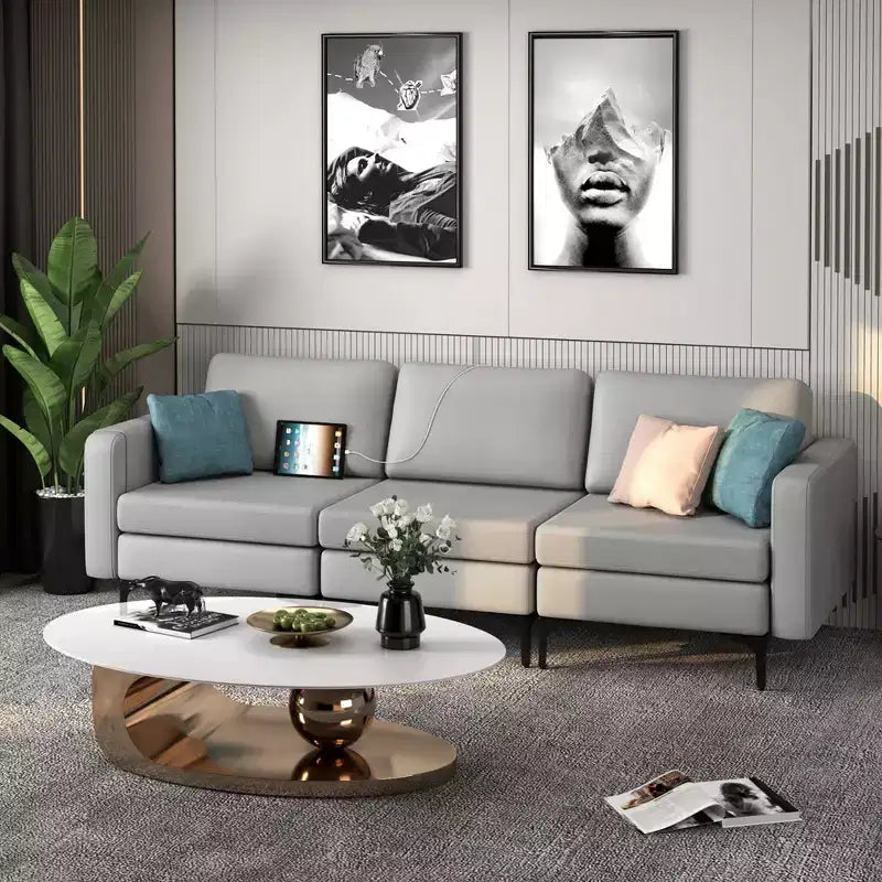 Costway Modular 3-Seat Sofa Couch w/ Socket USB Ports & Side Storage Pocket