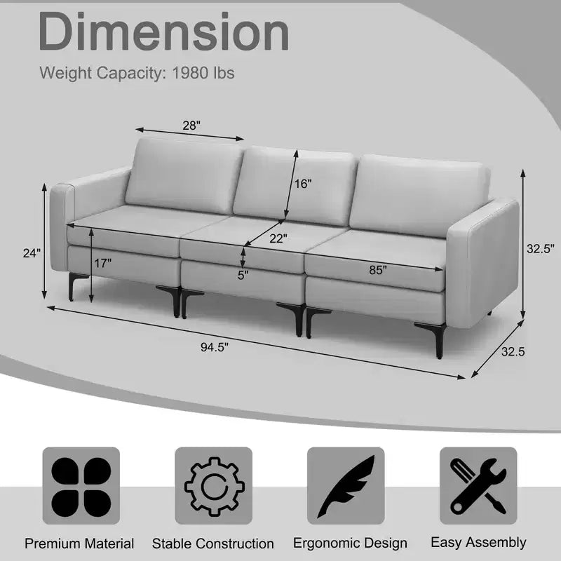 Costway Modular 3-Seat Sofa Couch w/ Socket USB Ports & Side Storage Pocket
